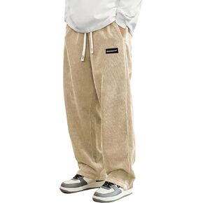 Mens Corduroy Casual Pants Fashion Loose Fit Wide Leg Pants Straight Sweatpants Elastic Waist Drawstring