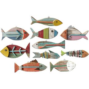 10 Pcs Wooden Fish Wall Decor Wood School of Fish Coastal Wall Decor Beach Wall Art for Home Nautical Theme Bathroom Hanging Decorations Gifts, Flat Printing Not 3D Pattern