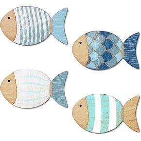 Putuo Decor 4 Pcs Wood Fish Wall Art, Nautical Beach Decor, Wooden Fish Hanging Sculptures, Blue (5.5 In)