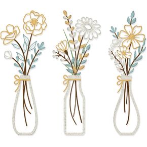 3 Pieces Metal Floral Wall Art Flowers Wall Decor, Rustic Farmhouse Flower Wall Decors for Bathroom Living Room Kitchen Dining Room Bedroom, Housewarming Gifts, Beige, Colorful