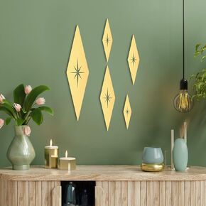 Yaocom 5 Pieces Midcentury Modern Vintage Style Starburst Metal Wall Decor Mid Century Modern Elegance Wall Accents Diamond Star Bursts Decor Vintage Home Decoration (Gold,diamond)