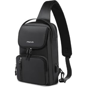 حقيبة حبال حبال Mosiso Crossbody مع ميناء شحن USB للرجال ، حقيبة كتف صدر صدر صدر صغيرة مع 2 جيوب مرتفعة للتنزه في السفر غير الرسمي ، الأسود