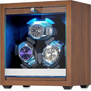 ANWBROAD Watch Winder for Automatic Watch 3 Watch Rotator with LED and 4 Rotating Modes Wooden Automatic Watch Winder Super Quiet Japanese Motor Memory Foam Pillows with Adapter Gift for Man UJWW013M