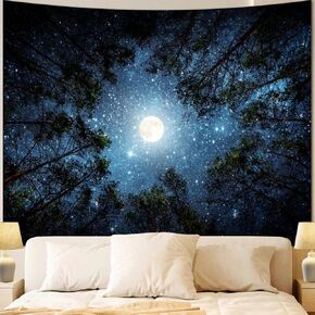 Apdidl Forest Galaxy Starry Tapestry لسقف غرفة النوم ، الزرقاء ليلة النجوم Sky Moon Stars Tapestry Aesthetic ، Tree Forest Milky Way Backdrop Wall المعلقة لديكور غرفة المعيشة (51 "× 60")