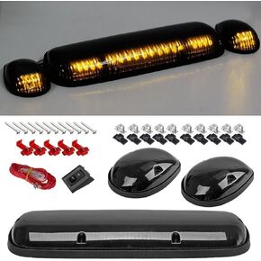 GSRECY 3pcs Amber LED Light Cab Marker Roof Running Top Light Lamps Assembly w/Wire Harness Compatible with Chevy Silverado GMC Sierra 1500 1500HD 2500 2500HD 3500 Trucks 2002-2007 (Smoke Lens)