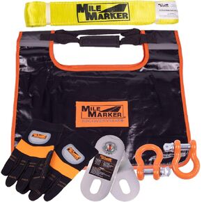 Mile Marker 19-00100 Off Road Recovery Kit - تشمل حقيبة Winch Dampener ، حزام استرداد 15 '، زوج واحد من القفازات الكبيرة ، كتلة خطف 30K مع تركيب الشحوم و 2 3/4 بودرة المغلفة المغلفة