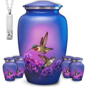 Set of 6 Funeral & Cremation Urn for Ashes for Women & Men with 1 Large Hummingbird Decorative Urns for Human Ashes Adult Female, 4 Small Keepsakes and 1 NecklaceUrn - Handcrafted in India