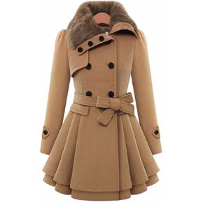 xxxiticat Women's Double Breasted Trench Coat Long Sleeve Faux Fur Lapel Flared Hem Belted Winter Warm Jacket Overcoat