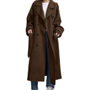 chouyatou Women's Winter Double Breasted Wool Coat Long Sleeve Notch Lapel Midi Long Winter Trench Coat with Belt
