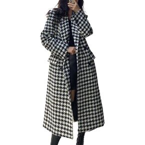 SOMTHRON Women's Houndstooth Trench Coat Notch Lapel Double Breasted Quilted Lined Long Jacket Overcoat Pea Coat