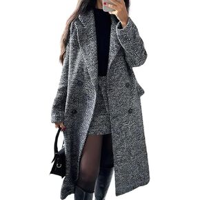 chouyatou Women's Winter Casual Herringbone Wool Coat Double Breasted Notch Collar Dressy Long Trench Coat