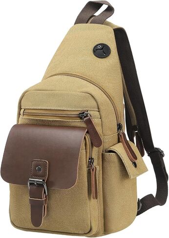 Canvas Sling Bag for Women Men, Crossbody Backpack Vintage Convertible, Rucksack Shoulder Bag W/Leather Accents for Outdoor Cycling Hiking Travel, Khaki in Kuwait