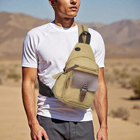 Canvas Sling Bag for Women Men, Crossbody Backpack Vintage Convertible, Rucksack Shoulder Bag W/Leather Accents for Outdoor Cycling Hiking Travel, Khaki in Kuwait