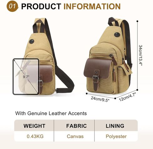 Canvas Sling Bag for Women Men, Crossbody Backpack Vintage Convertible, Rucksack Shoulder Bag W/Leather Accents for Outdoor Cycling Hiking Travel, Khaki in Kuwait