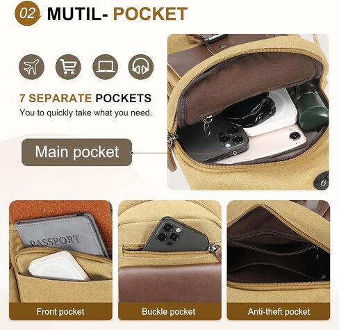 Canvas Sling Bag for Women Men, Crossbody Backpack Vintage Convertible, Rucksack Shoulder Bag W/Leather Accents for Outdoor Cycling Hiking Travel, Khaki in Kuwait