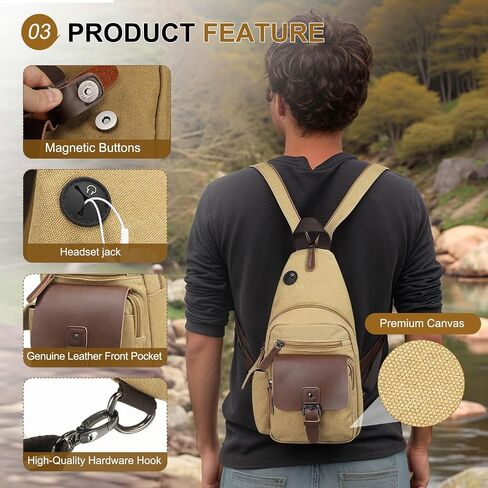 Canvas Sling Bag for Women Men, Crossbody Backpack Vintage Convertible, Rucksack Shoulder Bag W/Leather Accents for Outdoor Cycling Hiking Travel, Khaki in Kuwait