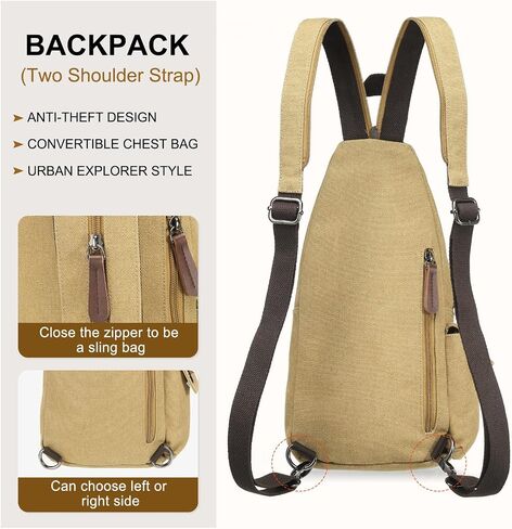 Canvas Sling Bag for Women Men, Crossbody Backpack Vintage Convertible, Rucksack Shoulder Bag W/Leather Accents for Outdoor Cycling Hiking Travel, Khaki in Kuwait