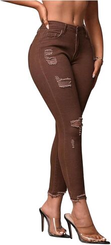 WDIRARA Women's Ripped Distressed Frayed Skinny Jeans Stretch Denim Pants in Kuwait