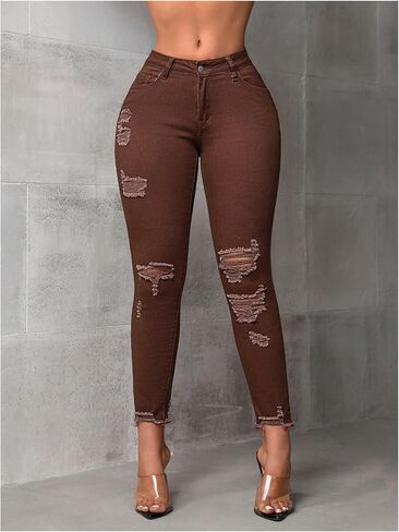 WDIRARA Women's Ripped Distressed Frayed Skinny Jeans Stretch Denim Pants in Kuwait