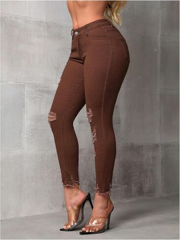 WDIRARA Women's Ripped Distressed Frayed Skinny Jeans Stretch Denim Pants in Kuwait