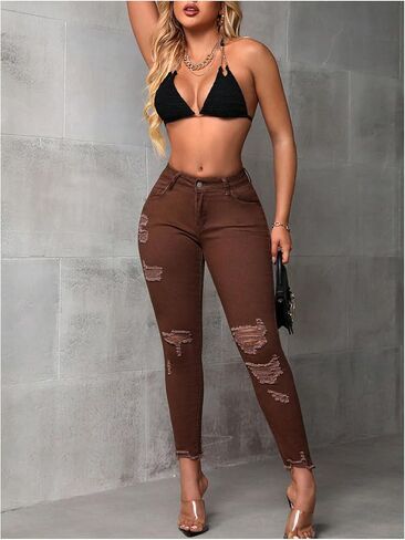 WDIRARA Women's Ripped Distressed Frayed Skinny Jeans Stretch Denim Pants in Kuwait