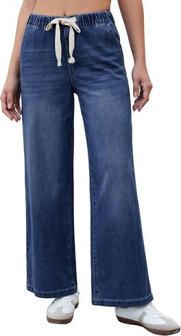 luvamia Wide Leg Jeans Woman High Waisted Trendy Pull On Elastic Waist Drawstring Stretchy Denim Jean Pants with Pockets in Kuwait