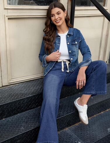 luvamia Wide Leg Jeans Woman High Waisted Trendy Pull On Elastic Waist Drawstring Stretchy Denim Jean Pants with Pockets in Kuwait