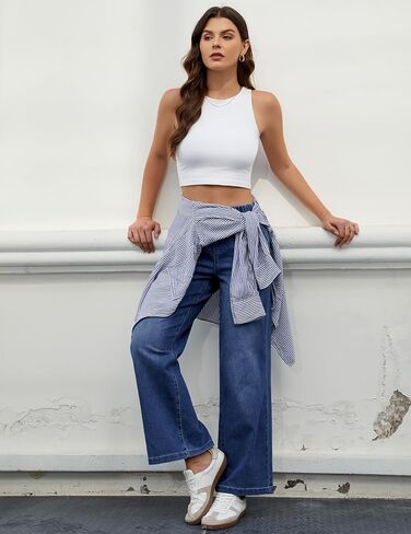 luvamia Wide Leg Jeans Woman High Waisted Trendy Pull On Elastic Waist Drawstring Stretchy Denim Jean Pants with Pockets in Kuwait