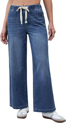 luvamia Wide Leg Jeans Woman High Waisted Trendy Pull On Elastic Waist Drawstring Stretchy Denim Jean Pants with Pockets in Kuwait