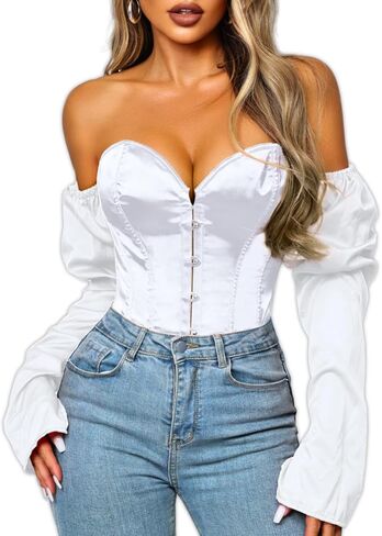 Kaei&Shi Long Sleeve Corset Tops,Off The Shoulder Overbust Corsets Top,Women Strapless Renaissance Costume in Kuwait
