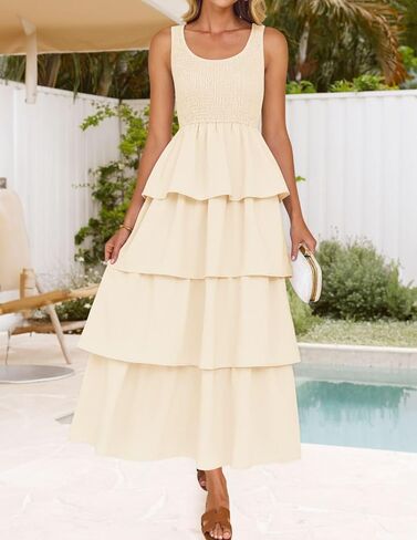 ZESICA Women's 2025 Summer Boho Sleeveless Midi Dress Scoop Neck Ruffle Tiered Layered Swing Long Beach Vacation Dresses in Kuwait