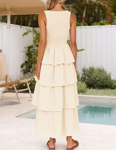 ZESICA Women's 2025 Summer Boho Sleeveless Midi Dress Scoop Neck Ruffle Tiered Layered Swing Long Beach Vacation Dresses in Kuwait