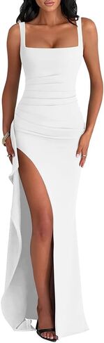 LAGSHIAN Women's Elegant Square Neck Sleeveless Bodycon High Split Ruched Long Formal Evening Dress in Kuwait