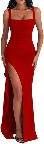 LAGSHIAN Women's Elegant Square Neck Sleeveless Bodycon High Split Ruched Long Formal Evening Dress in Kuwait