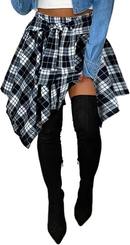 Womens Plaid Skirts Elastic High Waist Tie Front Asymmetrical Hem Pleated Mini Skirt in Saudi Arabia