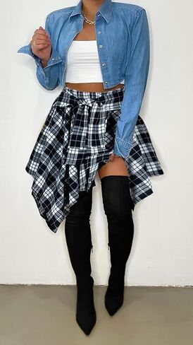 Womens Plaid Skirts Elastic High Waist Tie Front Asymmetrical Hem Pleated Mini Skirt in Saudi Arabia