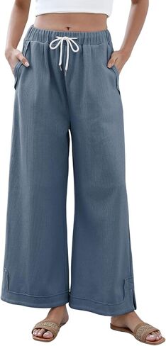 Athlisan Womens Baggy Wide Leg Palazzo Pants عرضة سراويل صالة مرنة مرنة مع جيوب in Kuwait