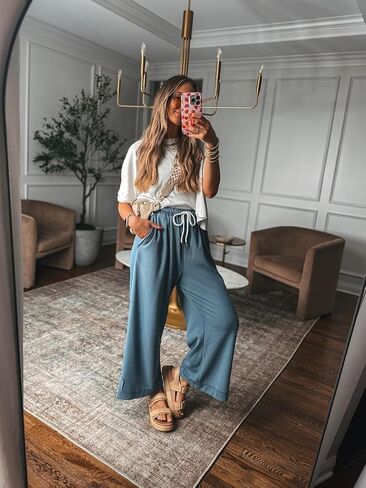 Athlisan Womens Baggy Wide Leg Palazzo Pants عرضة سراويل صالة مرنة مرنة مع جيوب in Kuwait