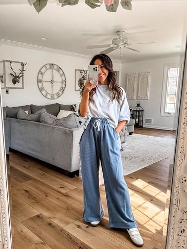 Athlisan Womens Baggy Wide Leg Palazzo Pants عرضة سراويل صالة مرنة مرنة مع جيوب in Kuwait