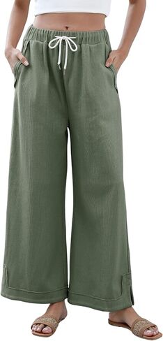 Athlisan Womens Baggy Wide Leg Palazzo Pants عرضة سراويل صالة مرنة مرنة مع جيوب in Kuwait