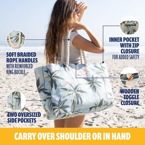 SUN NINJA XL Canvas Beach Tote Bag - Water-Resistant with Pockets - Large Pool Summer Tote, Cute Travel Beach Bag in Kuwait