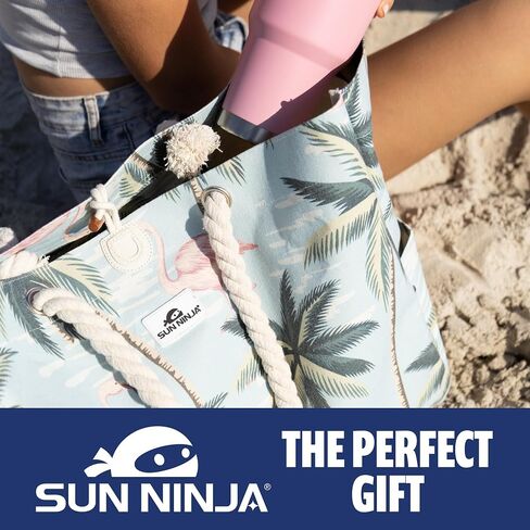 SUN NINJA XL Canvas Beach Tote Bag - Water-Resistant with Pockets - Large Pool Summer Tote, Cute Travel Beach Bag in Kuwait