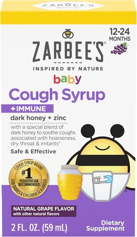 Zarbee's Baby Honey Cough Syrup + Immune for Babies 12-24 Months, Safe & Effective Cough Syrup with Soothing Dark Honey & Zinc for Immune Support*, Drug & Alcohol-Free, Grape, 2 fl. Oz in Kuwait