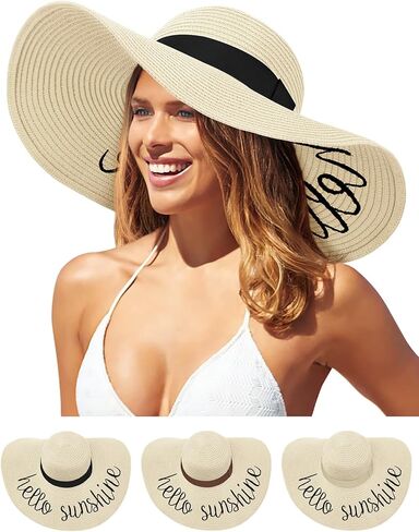 Floppy Beach Hats for Women Straw Sun Hat Foldable Wide Brim Embroidered Roll up for Summer Honeymoon Vacation Travel UPF 50+ in Kuwait