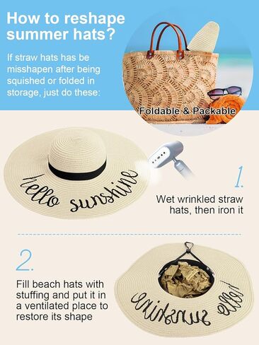 Floppy Beach Hats for Women Straw Sun Hat Foldable Wide Brim Embroidered Roll up for Summer Honeymoon Vacation Travel UPF 50+ in Kuwait