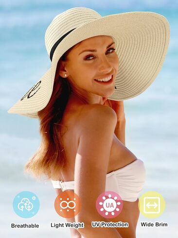 Floppy Beach Hats for Women Straw Sun Hat Foldable Wide Brim Embroidered Roll up for Summer Honeymoon Vacation Travel UPF 50+ in Kuwait