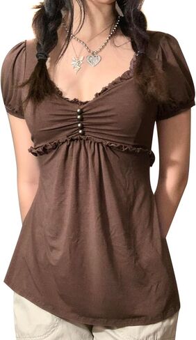 قمصان النساء الجنية الجرونج Y2K قمصان الصيف قصيرة الأكمام الدانتيل المرقعة تي شيرت Vinatge E-Girls الملابس الجمالية in Kuwait