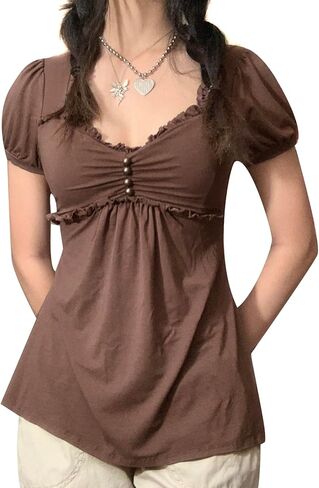 قمصان النساء الجنية الجرونج Y2K قمصان الصيف قصيرة الأكمام الدانتيل المرقعة تي شيرت Vinatge E-Girls الملابس الجمالية in Kuwait