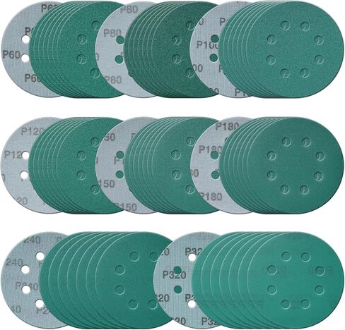 أقراص رملية 5 بوصة 8 بوصة ، 100 قطعة من أجهزة الرملي الجاف مجموعة 600 800 1000 1500 2000 حزام متنوعة من ورق الصنفرة المدعومة من بوليستر خضراء مع وسادة واجهة لسندر مداري عشوائي in Kuwait