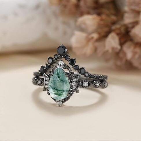 مجموعات خاتم الزفاف الطبيعية الطبيعية الطبيعية للذهول الأسود للنساء ، 925 جنيه إسترليني الفضة الخمر قوطية عتيقة الحلقات والخلود الإسبنيل السود in Kuwait